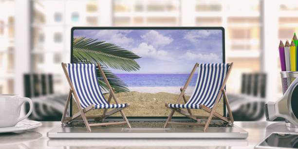 istock Deck chairs on a laptop - office background. 3d illustration 1025773676
