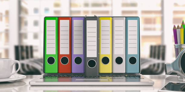 Office folders out of a laptop - office background. 3d illustration