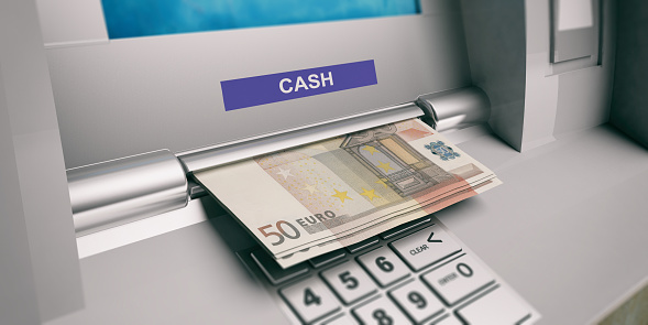 Euros and ATM machine close up. 3d illustration