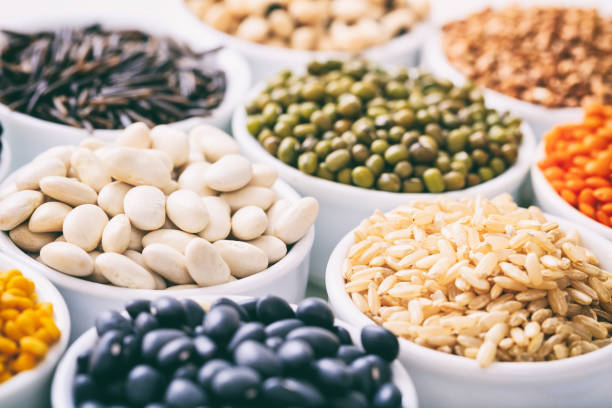 Various raw legumes and rice in bowls Various raw legumes and rice in white bowls vegetable seeds stock pictures, royalty-free photos & images