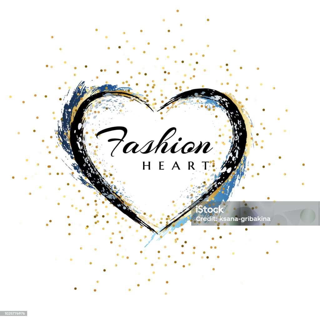 Fashion emblem. Heart shape frame.  Makeup mascara brush stroke with golden splash decoration. Fashion emblem. Heart shape frame.  Makeup mascara brush stroke with golden and blue splash decoration. Hand drawn abstract design element. Heart Shape stock vector