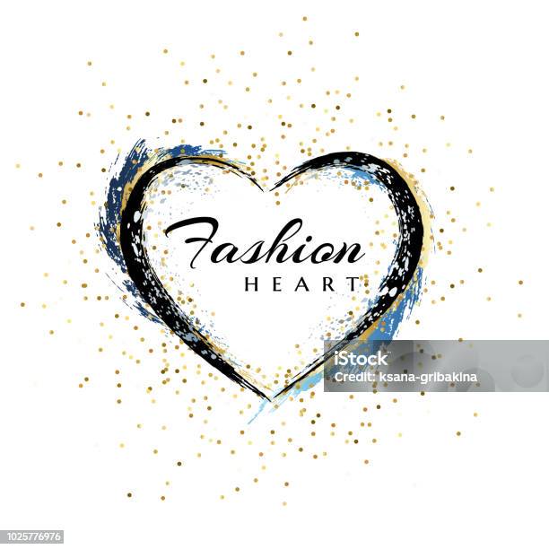Fashion Emblem Heart Shape Frame Makeup Mascara Brush Stroke With Golden Splash Decoration Stock Illustration - Download Image Now
