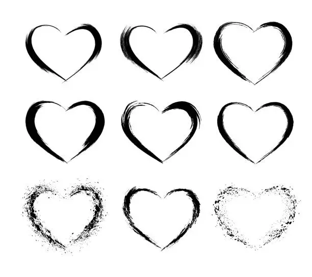 Vector illustration of Heart shape frames collection. Makeup mascara brush stroke decorations. Hand drawn abstract design elements.