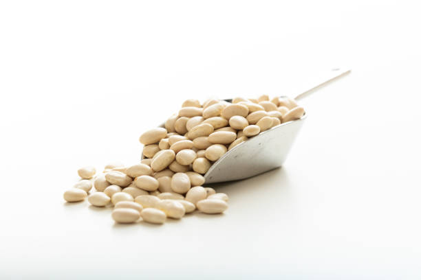 Raw haricot beans in a metallic scoop on white background