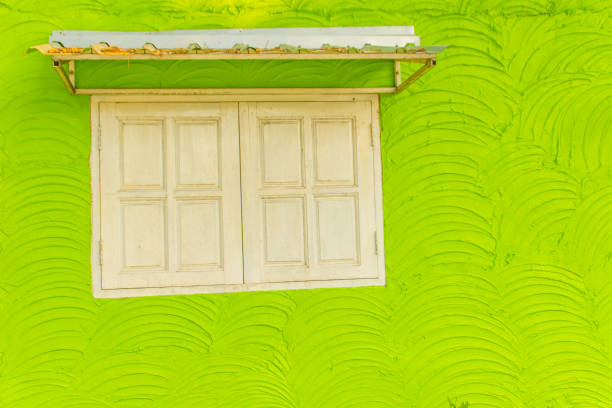Green wall with white window background and copy space for your text.