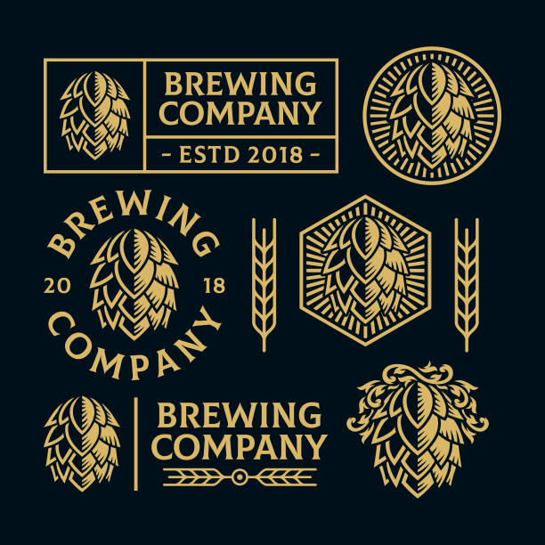 Hop Cone Logo Sets Hop cone Illustration logo. All text are curved. Suitable for graphic element and other design needs especially for brewery related. Non-Layered beer alcohol illustrations stock illustrations