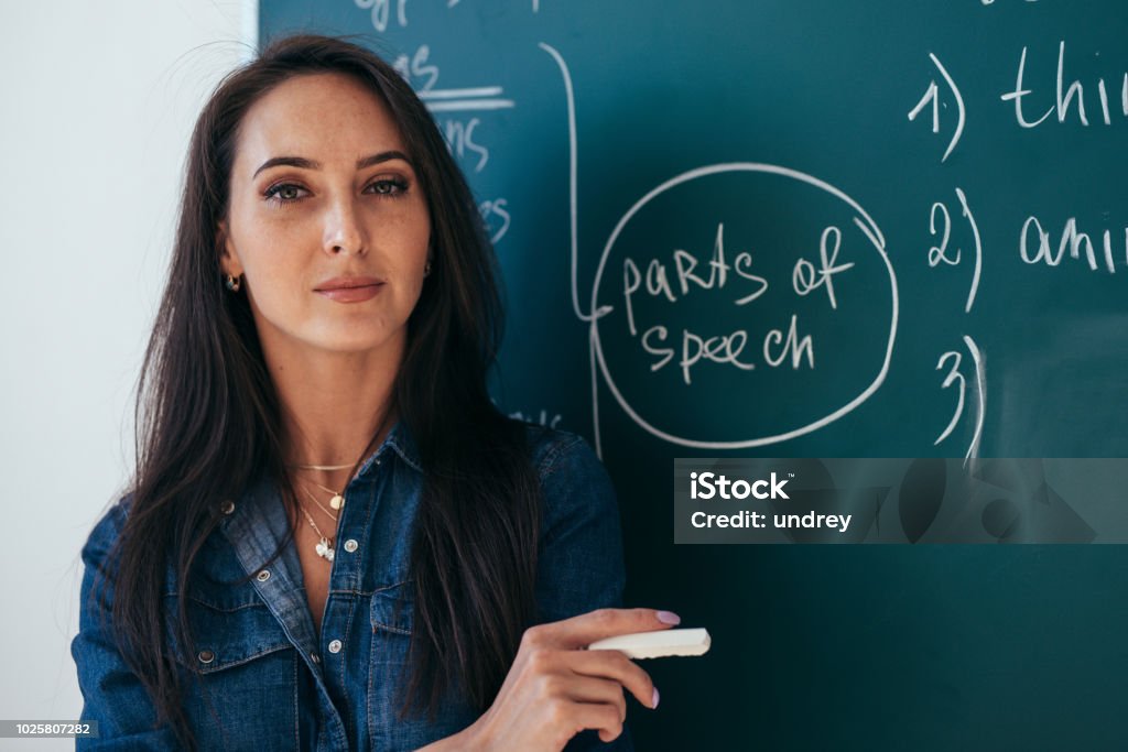 Portrait of young female teacher against chalkboard in class Portrait of young female teacher against chalkboard in class. English Language Stock Photo