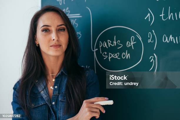 Portrait Of Young Female Teacher Against Chalkboard In Class Stock Photo - Download Image Now