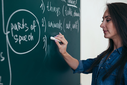 The teacher writes English rules on the blackboard. Learn language.