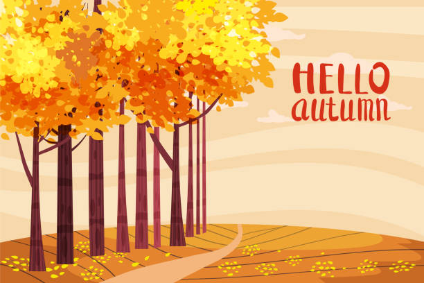 hallo cartoon herbst, herbst-gasse, weg in den park, herbst, herbstlaub, schriftzüge, stimmung, farbe, vektor, abbildung,-stil, isoliert - trees in fall stock-grafiken, -clipart, -cartoons und -symbole