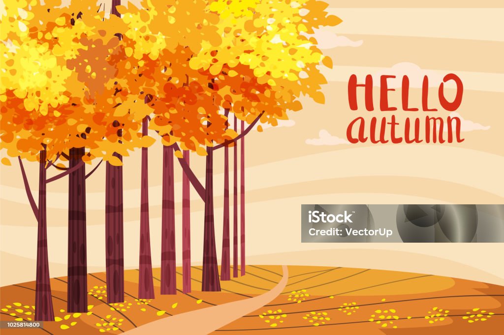 Ciao autunno, vicolo autunnale, percorso nel parco, autunno, foglie autunnali, lettering, umore, colore, vettore, illustrazione, stile cartone animato, isolato - arte vettoriale royalty-free di Autunno