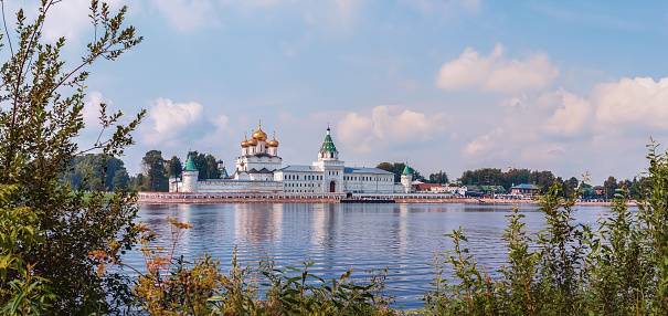 Beautiful view of the Holy Trinity Ipatiev monastery in Russia in the city of Kostroma on the Volga. panorama