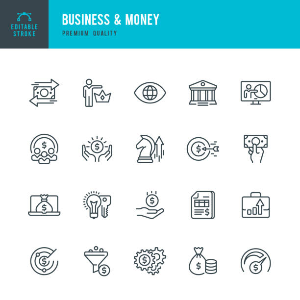 illustrazioni stock, clip art, cartoni animati e icone di tendenza di business & money - set di icone vettoriali a linea sottile - banca