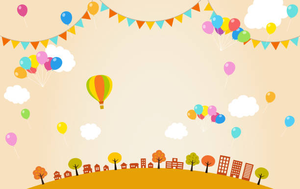 herbst stadt und luftballons - festival - hot air balloon illustrations stock-grafiken, -clipart, -cartoons und -symbole