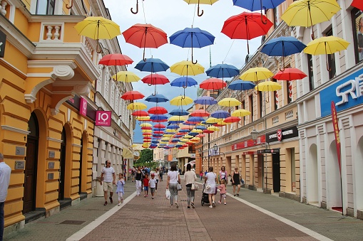 Banja Luka, Bosnia - July 9, 2018:  Colorful umbrellas in the pedestrian zone of Banja Luka, Bosnia and Herzegovina. South-east Europe.