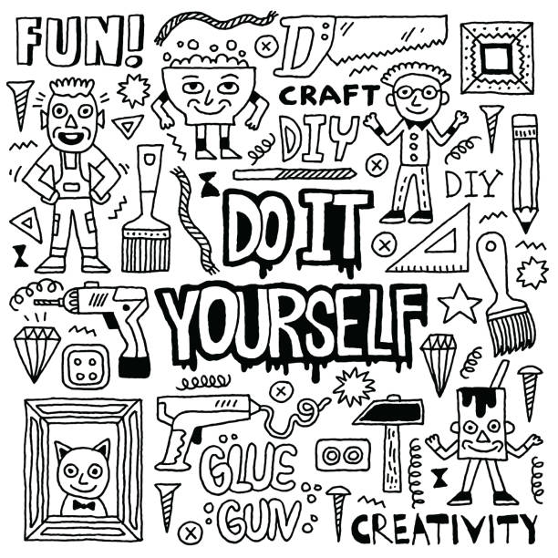 ilustrações de stock, clip art, desenhos animados e ícones de do it yourself. creativity craft funny doodle set. black and white drawing. vector illustration. - diy craft