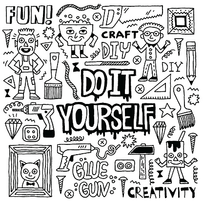 Do It Yourself. Creativity Craft Funny Doodle Set. Black And White Drawing. Vector Illustration.