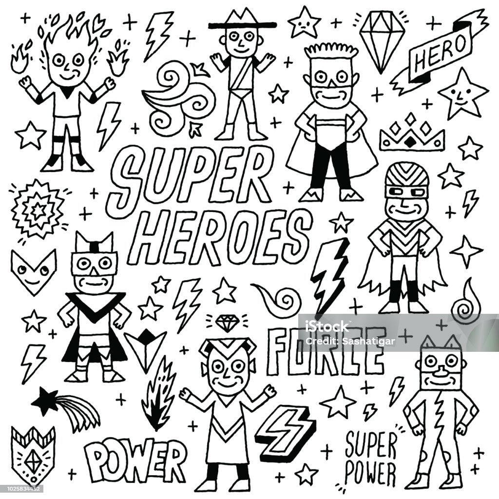 Super Heroes Funny Wacky Doodle Set 1. Black And White Drawing. Vector Illustration. Doodle stock vector