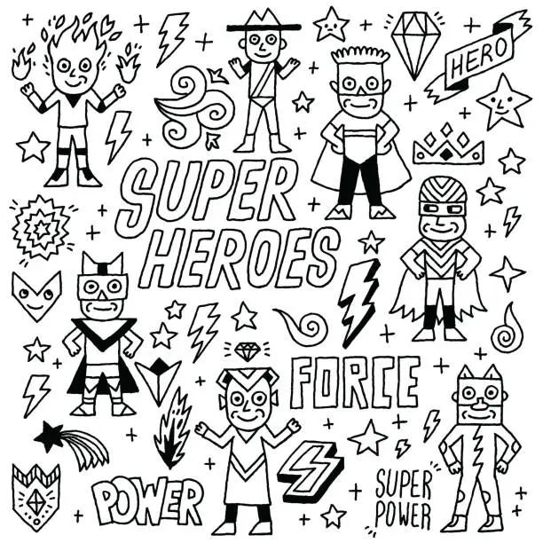 Vector illustration of Super Heroes Funny Wacky Doodle Set 1. Black And White Drawing. Vector Illustration.