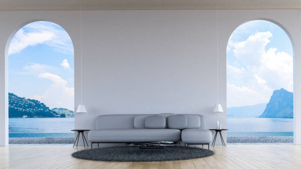 istock Modern loft living room sea view 3d rendering 1025838022