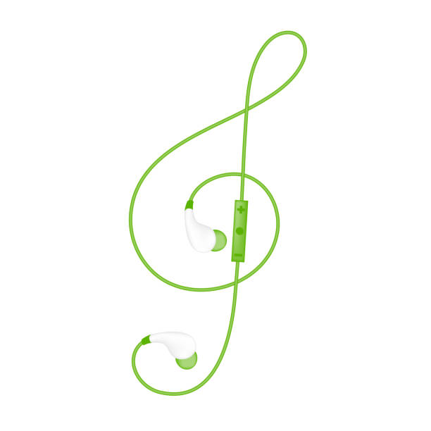 illustrazioni stock, clip art, cartoni animati e icone di tendenza di auricolari wireless e remoti, colore verde tipo in ear e forma treble clef realizzata in cavo isolato su sfondo bianco, con spazio di copia - isolated stereo white background treble