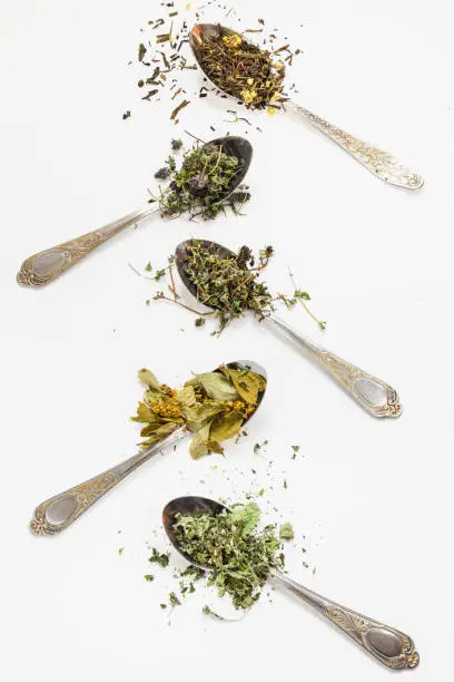 Variety dried tea in metal spoons on a white background. Top view. Vertical photo