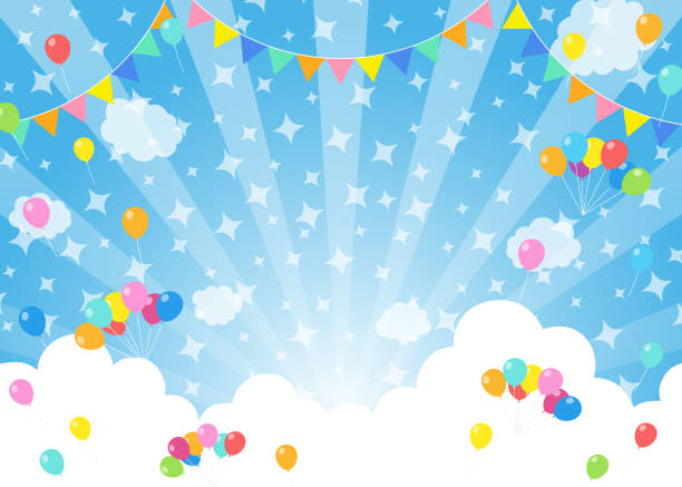ilustrações de stock, clip art, desenhos animados e ícones de balloons in blue sky - festival - party background