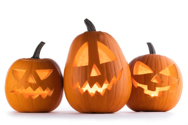 istock Three Halloween Pumpkins isolated on white background 1025850960
