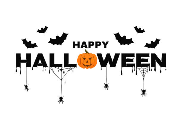 Happy Halloween background text with pumpkin, bats, spider web and blood. Halloween background for poster, banner Happy Halloween background text with pumpkin, bats, spider web and blood. Halloween background for poster, banner, greeting card and party. Vector happy halloween banner stock illustrations