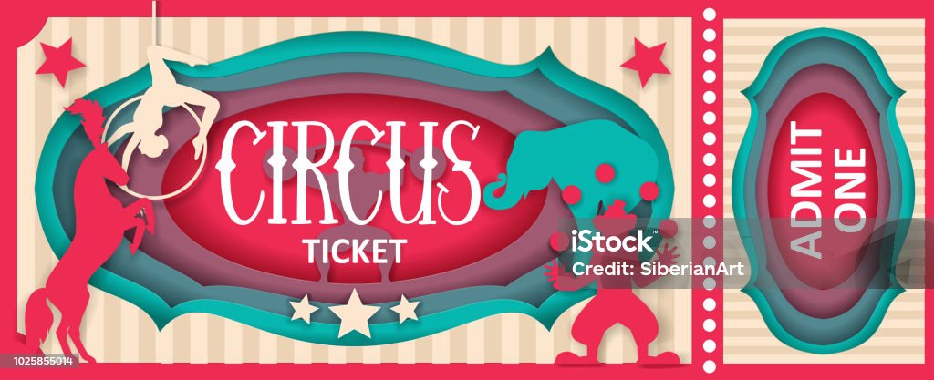 Circus admit one ticket vector paper cut template Circus admit one ticket vector paper cut template with aerial acrobatic, animal show, clown juggler. In Silhouette stock vector