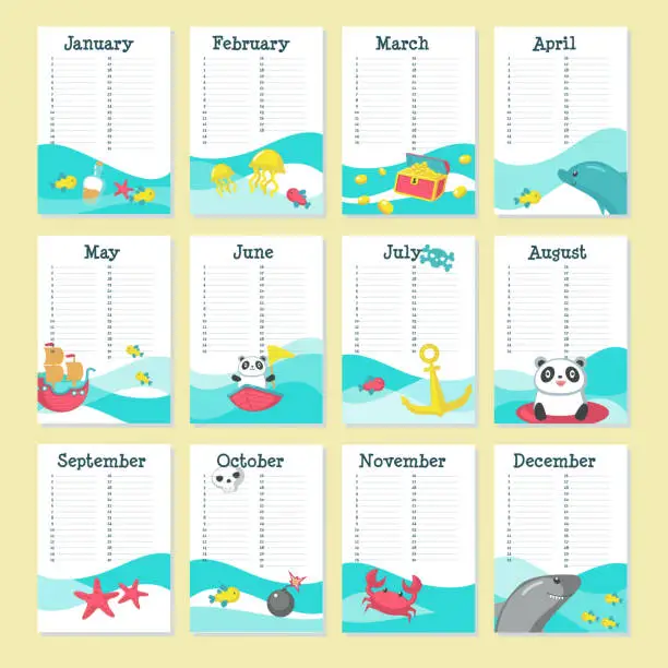 Vector illustration of Planner calendar vector template with cute animals