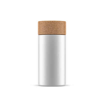 White Tin Can Mockup packaging with cork tree cap isolated on white, 3d rendering