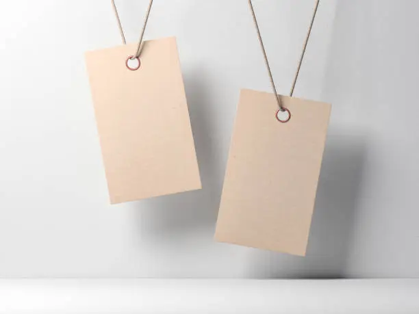 Two Empty kraft paper tags label Mockup tied on rope against white wall, 3d rendering