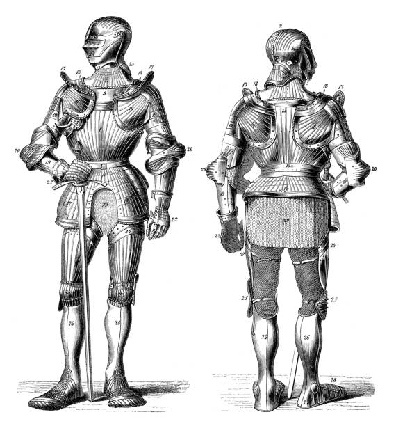 ilustraciones, imágenes clip art, dibujos animados e iconos de stock de caballero en armería medieval metal - medieval knight helmet suit of armor