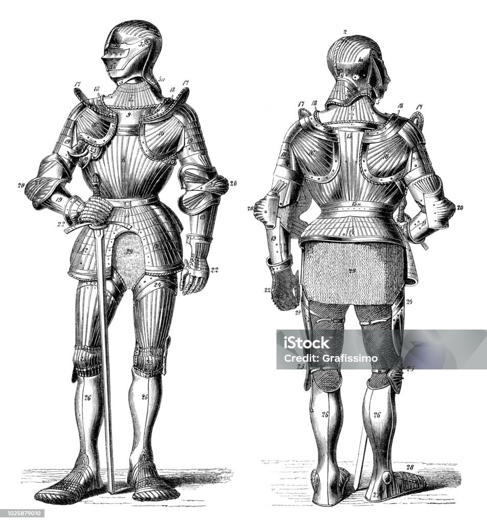 Knight in metal medieval armory Metal medieval armory
Original edition from my own archives
Source : Illustriertes Konversations Lexikon 1875 Knight - Person stock illustration