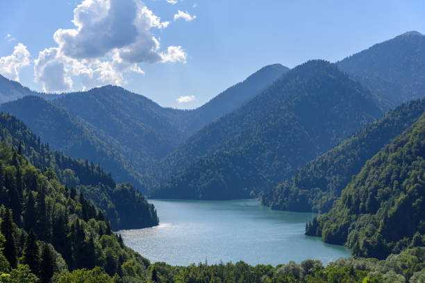 Beautiful mountain Lake Ritsa. Lake Ritsa in the Caucasus Mountains, in the north-western part of Abkhazia, Georgia. stock photo