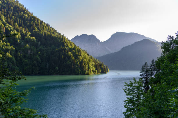 hermosa montaña lago ritsa. lago ritsa en las montañas del cáucaso, en la parte nor-occidental de abjasia (georgia). - valley georgia river mountain fotografías e imágenes de stock