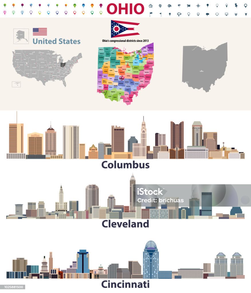 mapa del vector y las principales ciudades del estado de Ohio - arte vectorial de Cleveland - Ohio libre de derechos