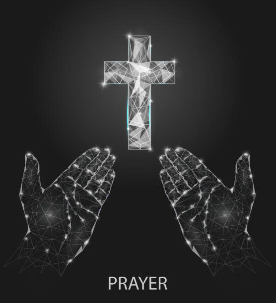 ilustrações de stock, clip art, desenhos animados e ícones de christian prayer hands vector geometric polygonal background - god crucifix cross human hand