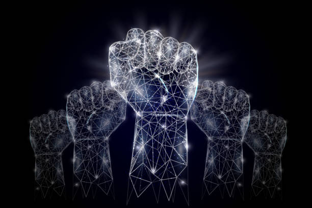 Raised hands vector geometric polygonal art background Vector polygonal art style raised up clenched fists. Low poly wireframe mesh with scattered particles and light effects on dark blue background. Raised hands poster banner design template. revolution stock illustrations