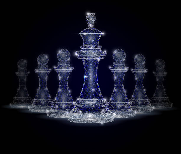 Teamwork concept vector geometric polygonal art background Vector polygonal art king chess piece staying ahead of chess pawns. Low poly wireframe mesh with scattered particles and light effects on dark blue background. Teamwork concept poster banner template. three dimensional chess stock illustrations