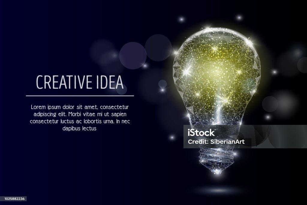 Electric light bulb vector geometric polygonal background Vector polygonal art style electric light bulb. Low poly wireframe mesh with scattered particles and light effects on dark blue background. Creative idea concept poster banner template with copy space Light Bulb stock vector