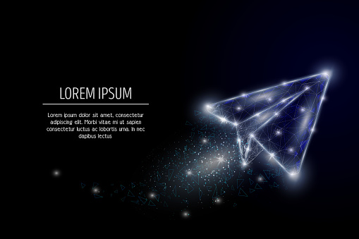 Vector polygonal art style paper airplane. Low poly wireframe mesh with scattered particles and light effects on dark blue background. Poster banner design template with copy space.