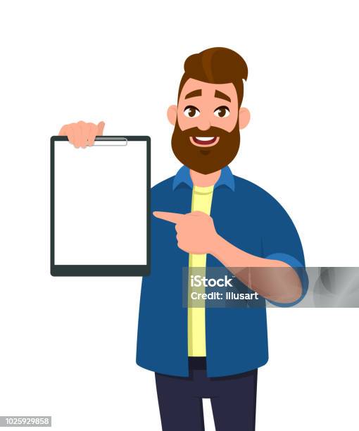 Man Holdingshowing A Blank Clipboard And Pointing With Index Finger To It  Vector Illustration In Cartoon Style Stock Illustration - Download Image  Now - iStock