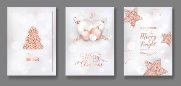 vector collection of elegant merry christmas cards with shining rose gold glitter christmas balls star christmas tree flyer and new year brochure 2019 vector art illustration