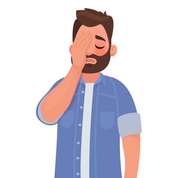 Man with a gestures facepalm. Headache, disappointment or shame Man with a gestures facepalm. Headache, disappointment or shame. Vector illustration in cartoon style sadness stock illustrations