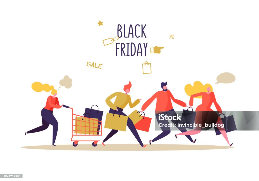 Evento de la venta del viernes negro. Caracteres de plano personas con bolsas de la compra. Grandes descuentos, Promo concepto publicidad cartel, Banner. Ilustración de vector - arte vectorial de Ir de compras libre de derechos