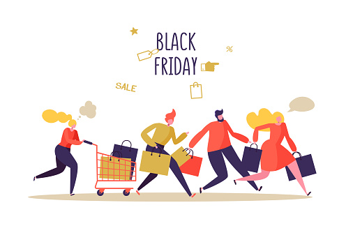 Black Friday Sale Event. Flat People Characters with Shopping Bags. Big Discount, Promo Concept, Advertising Poster, Banner. Vector illustration