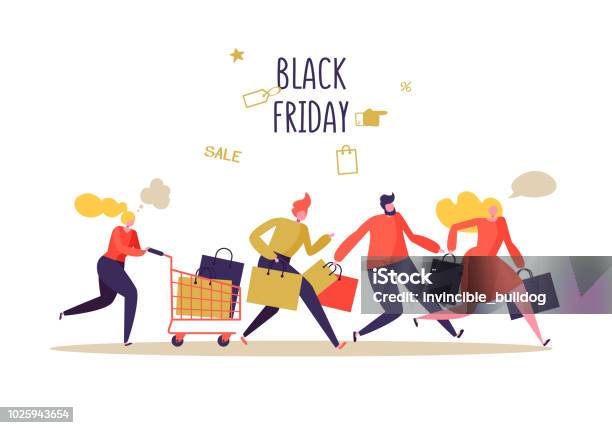 Black Friday Sale Event Flat People Characters With Shopping Bags Big Discount Promo Concept Advertising Poster Banner Vector Illustration Stock Illustration - Download Image Now