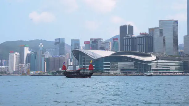 Photo of Aqua Luna Red Sail Junk Boat  Seen From Other Boat - Hong Kong - April, 2018